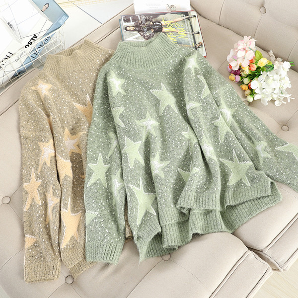 Μοντέρνο γυναικείο πουλόβερ  με ψηλό γιακά και αστέρια σε διάφορα χρώματα