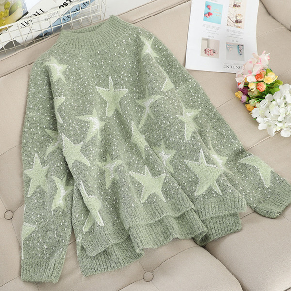 Μοντέρνο γυναικείο πουλόβερ  με ψηλό γιακά και αστέρια σε διάφορα χρώματα