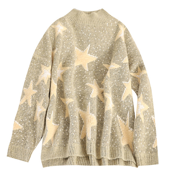 Μοντέρνο γυναικείο πουλόβερ  με ψηλό γιακά και αστέρια σε διάφορα χρώματα