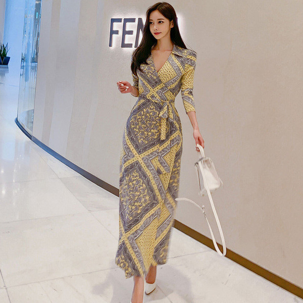 Rochie lungă de damă casual, cu mâneci lungi și cravate, de culoare gri