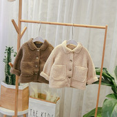 Palton modern pentru copii pentru baieti cu nasturi in maro si bej