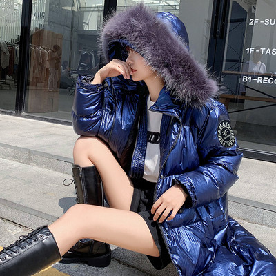 NOU Jachetă de iarnă de damă modernă model lung în negru, albastru și argintiu