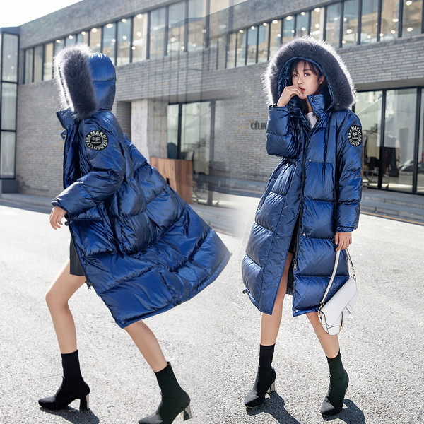 NOU Jachetă de iarnă de damă modernă model lung în negru, albastru și argintiu