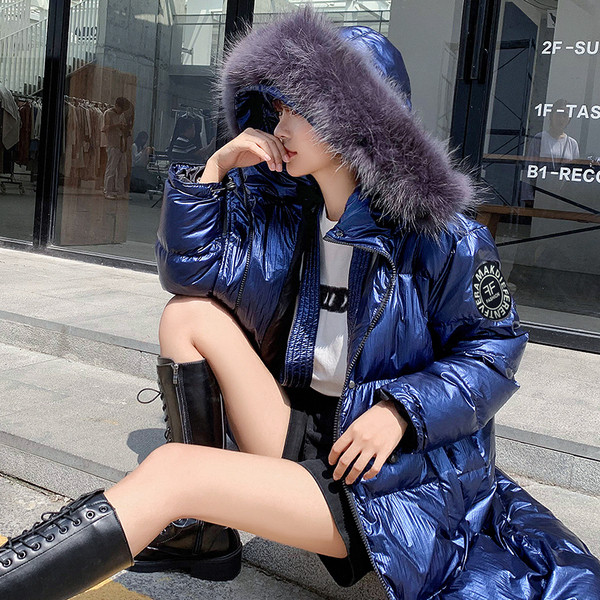 NOU Jachetă de iarnă de damă modernă model lung în negru, albastru și argintiu