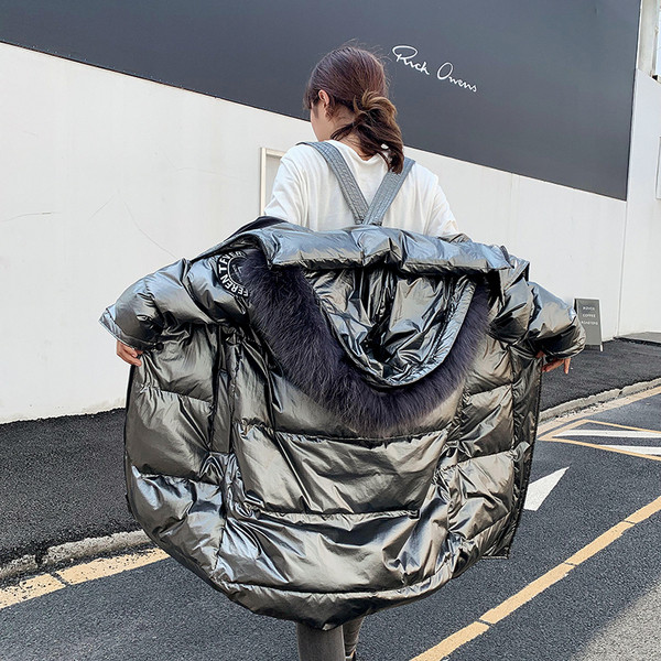 NOU Jachetă de iarnă de damă modernă model lung în negru, albastru și argintiu