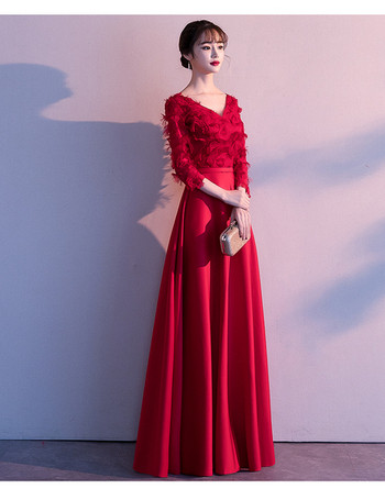 Κομψό γυναικείο μακρύ φόρεμα με μακριά μανίκια και κόκκινο χρώμα