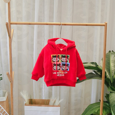 Hanorac pentru copii model nou cu gluga si imprimeu pentru fete si baieti in negru si rosu