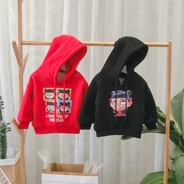 Hanorac pentru copii model nou cu gluga si imprimeu pentru fete si baieti in negru si rosu