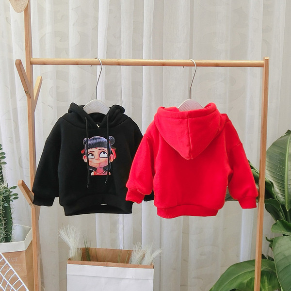 Hanorac pentru copii model nou cu gluga si imprimeu pentru fete si baieti in negru si rosu