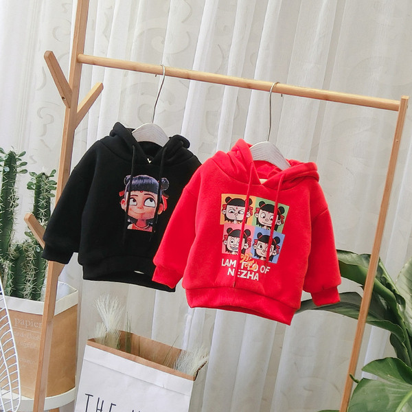 Hanorac pentru copii model nou cu gluga si imprimeu pentru fete si baieti in negru si rosu