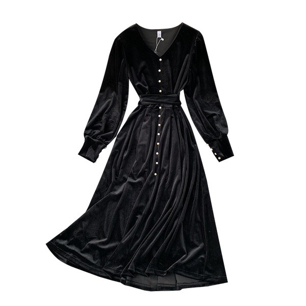 Μοντέρνο γυναικείο φόρεμα βελούδο σε μαύρο χρώμα