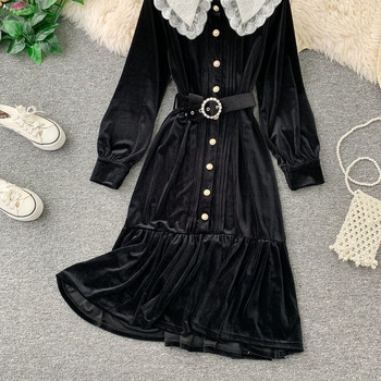 Μοντέρνο γυναικείο φόρεμα βελούδο με μακρύ μανίκι σε μαύρο χρώμα