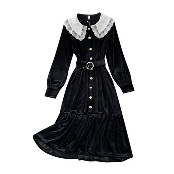 Μοντέρνο γυναικείο φόρεμα βελούδο με μακρύ μανίκι σε μαύρο χρώμα