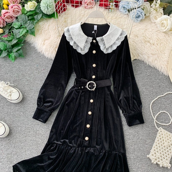 Μοντέρνο γυναικείο φόρεμα βελούδο με μακρύ μανίκι σε μαύρο χρώμα