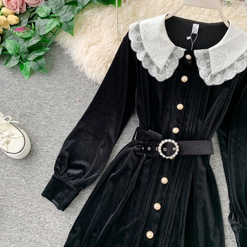 Μοντέρνο γυναικείο φόρεμα βελούδο με μακρύ μανίκι σε μαύρο χρώμα