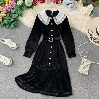 Μοντέρνο γυναικείο φόρεμα βελούδο με μακρύ μανίκι σε μαύρο χρώμα