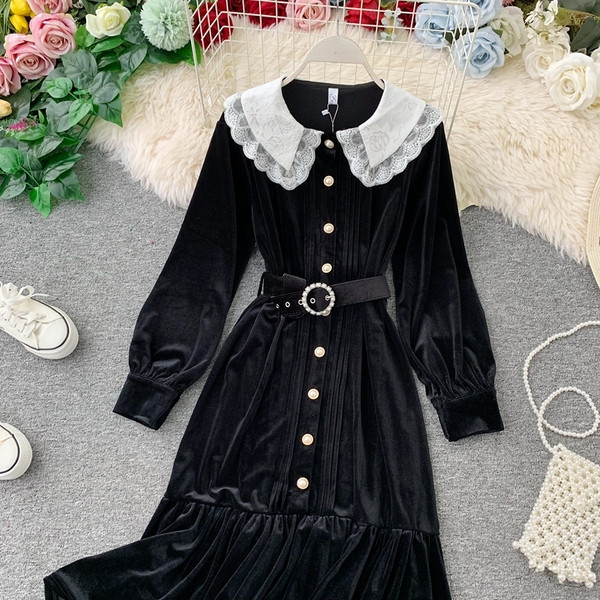 Μοντέρνο γυναικείο φόρεμα βελούδο με μακρύ μανίκι σε μαύρο χρώμα