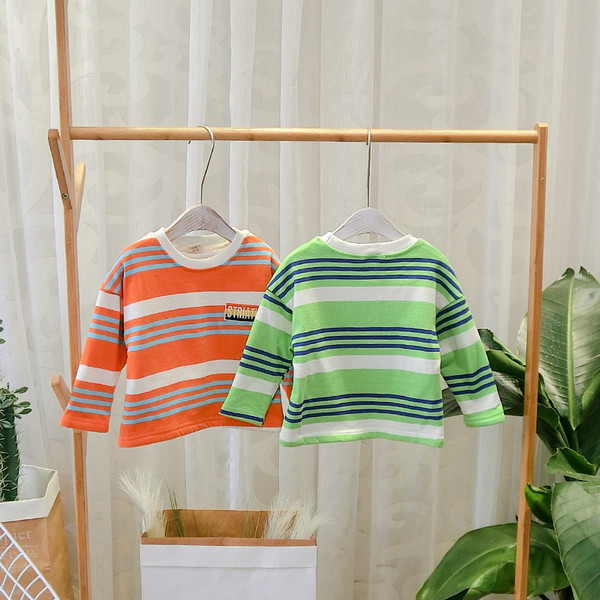 Bluză lejeră pentru copii în dungi cu decolteu O, în verde și portocaliu