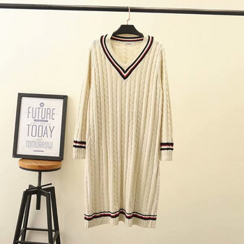 Καθημερινό γυναικείο μακρύ πλεκτό φόρεμα με μακρύ μανίκι σε λευκό και μαύρο χρώμα