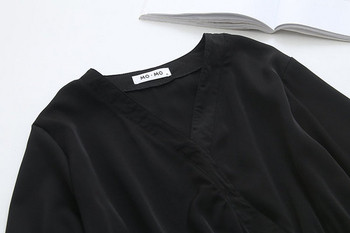 Rochie scurtă casual de damă, cu mâneci lungi și decolteu adânc, în negru