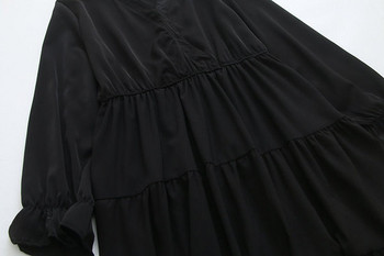 Rochie scurtă casual de damă, cu mâneci lungi și decolteu adânc, în negru