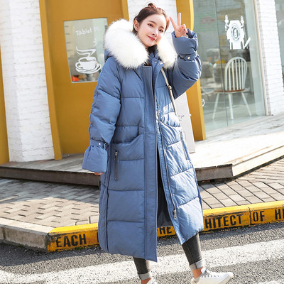 Női téli hosszú kabát kapucnival, fehér, fekete és kék színben