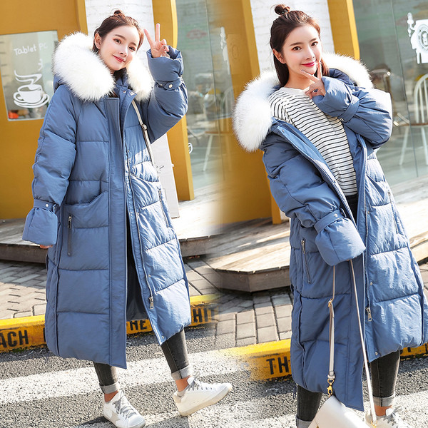 Női téli hosszú kabát kapucnival, fehér, fekete és kék színben