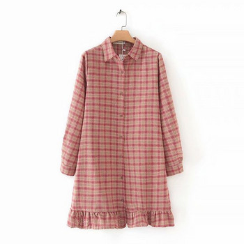 Alkalmi női kockás ruha klasszikus gallérral és hosszú ujjú rózsaszín és fekete színben