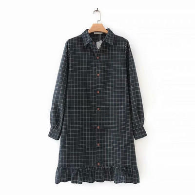 Alkalmi női kockás ruha klasszikus gallérral és hosszú ujjú rózsaszín és fekete színben