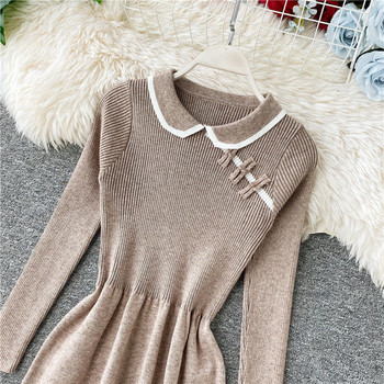 Alkalmi női ruha hosszú ujjal és gallérral bézs és piros színben