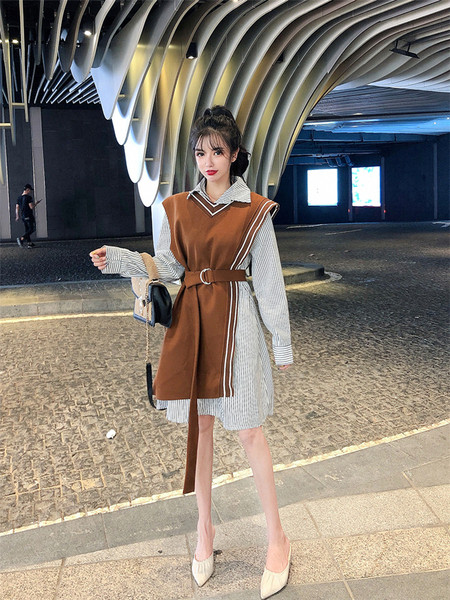 Set rochie tip camasa si vesta cu centura