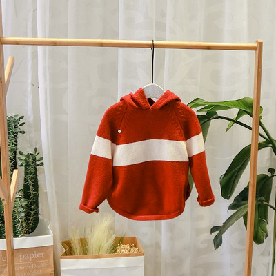 Νέο μοντέλο παιδικό πουλόβερ με κουκούλασε καφέ και κόκκινο χρώμα