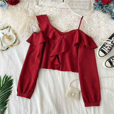 Μοντέρνο γυναικείο πουκάμισο με γυμνούς ώμους και μπούκλες σε διάφορα χρώματα