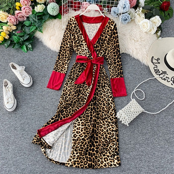 Rochie de dama eleganta cu panglica si model animal in doua culori