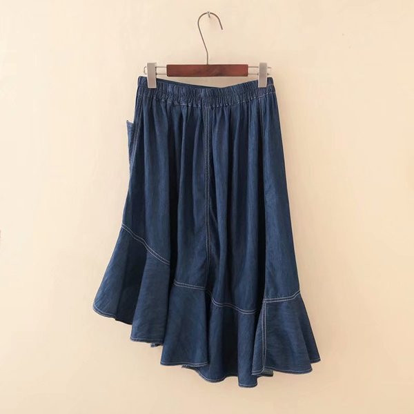 Νέο μοντέλο γυναικεία φούστα denim ασύμμετρη μοτίβο με μπλε χρώμα