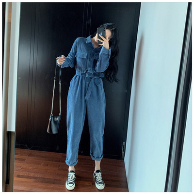 Salopetă lungă modernă din catifea de culoare albastră