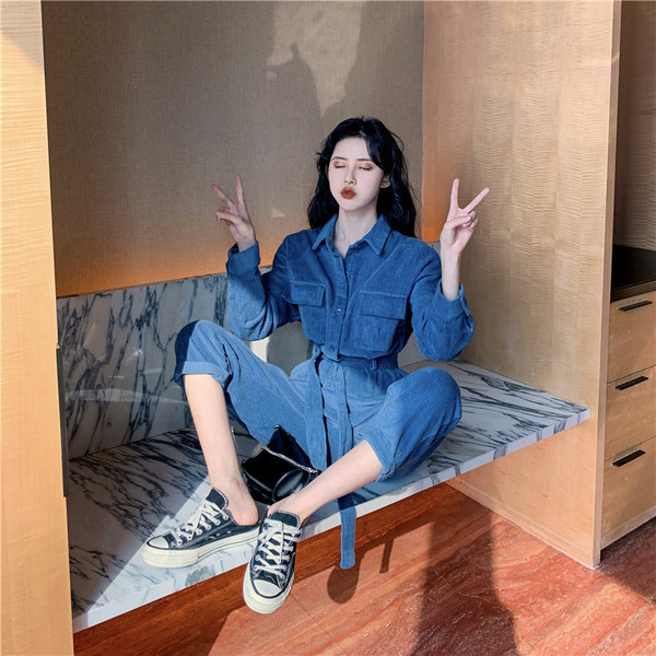 Salopetă lungă modernă din catifea de culoare albastră