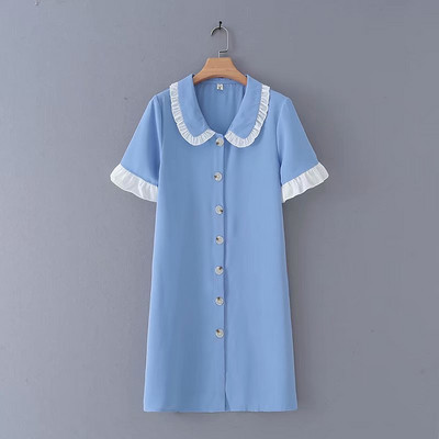 Γυναικείο casual short dress  με κλασικό γιακά και κουμπιά σε μπλε και μαύρο χρώμα