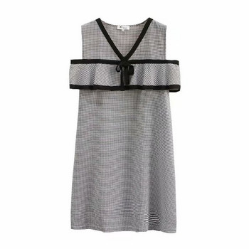 Casual Γυναικείο κοντό φόρεμα με φαρδιές λωρίδες και βαθύ λαιμόκοψη σε μαύρο χρώμα