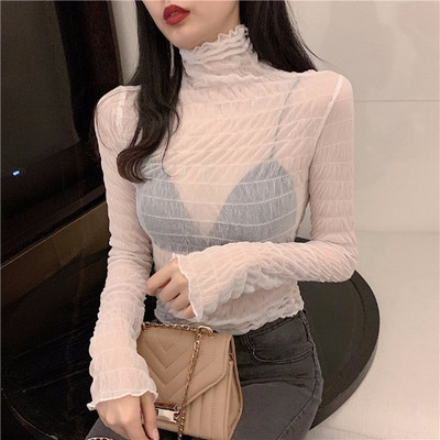 Διαφανή γυναικεία μπλούζα με ψηλό κολάρο σε άσπρο και μαύρο χρώμα