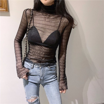 Διαφανή γυναικεία μπλούζα με ψηλό κολάρο σε άσπρο και μαύρο χρώμα