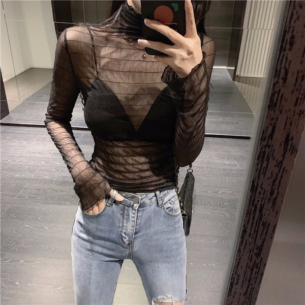 Διαφανή γυναικεία μπλούζα με ψηλό κολάρο σε άσπρο και μαύρο χρώμα