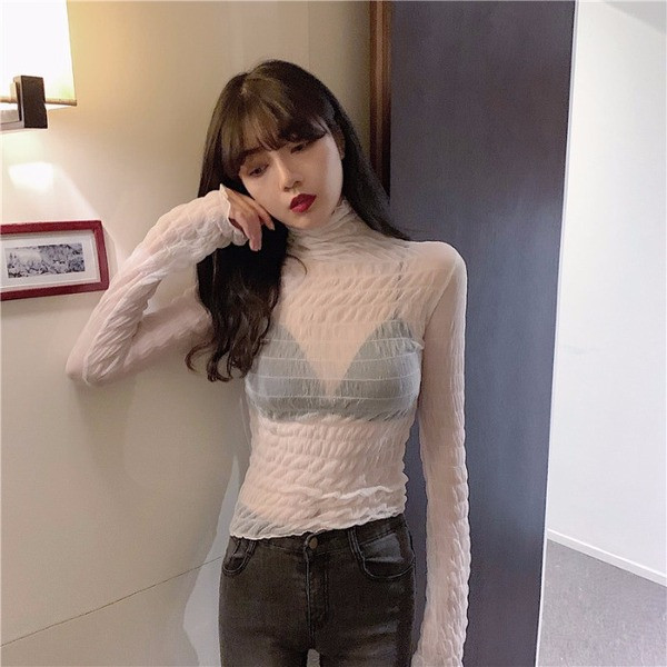 Διαφανή γυναικεία μπλούζα με ψηλό κολάρο σε άσπρο και μαύρο χρώμα