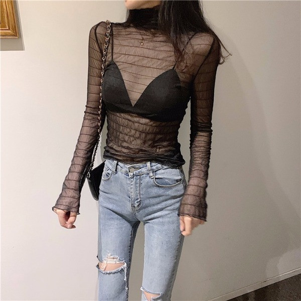 Διαφανή γυναικεία μπλούζα με ψηλό κολάρο σε άσπρο και μαύρο χρώμα