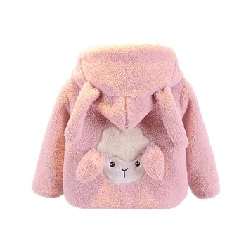 Μοντέρνο παιδικό παλτό για κορίτσια με κουκούλα και τρισδιάστατα στοιχεία σε ροζ χρώμα