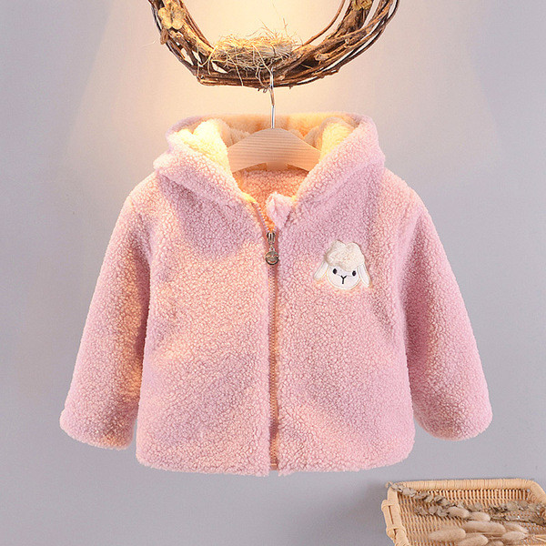 Μοντέρνο παιδικό παλτό για κορίτσια με κουκούλα και τρισδιάστατα στοιχεία σε ροζ χρώμα