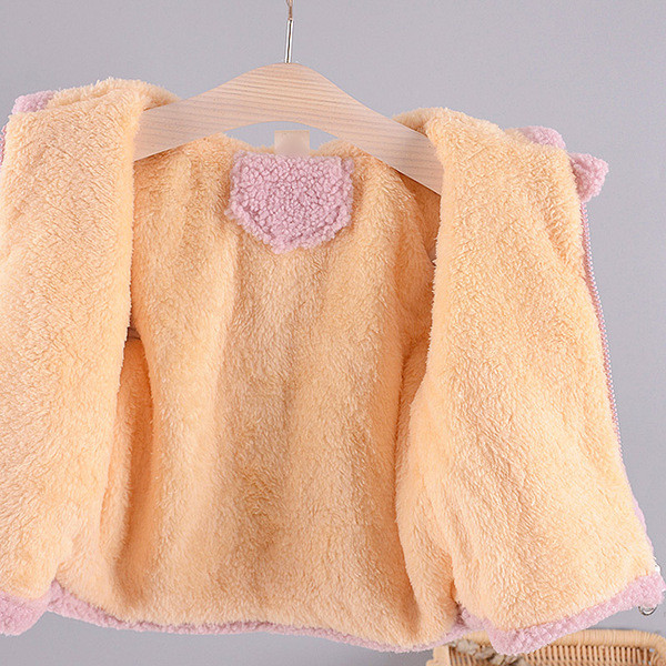 Μοντέρνο παιδικό παλτό για κορίτσια με κουκούλα και τρισδιάστατα στοιχεία σε ροζ χρώμα