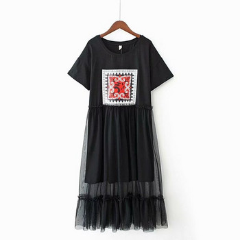 Μοντέρνο βραδυνό σύντομο φόρεμα με κοντό μανίκι ροζ και μαύρο χρώμα