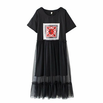 Μοντέρνο βραδυνό σύντομο φόρεμα με κοντό μανίκι ροζ και μαύρο χρώμα