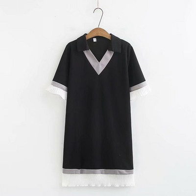 Modern női rövid ruha klasszikus gallérral és rövid ujjú rózsaszín és fekete színben